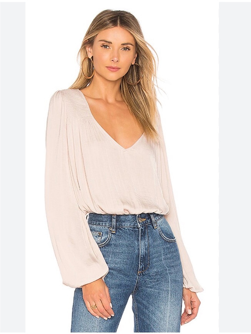 Free People Intimately ‘Smockin n’ Rockin’Cream V-Neck Balloon-Sleeve Blouse